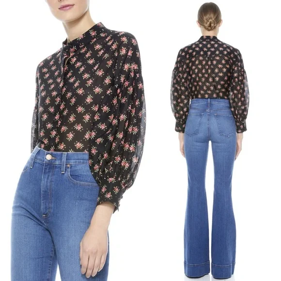 Alice + Olivia Paulita Top Med Black Pink Floral Cotton Silk Designer Feminine - Picture 2 of 12
